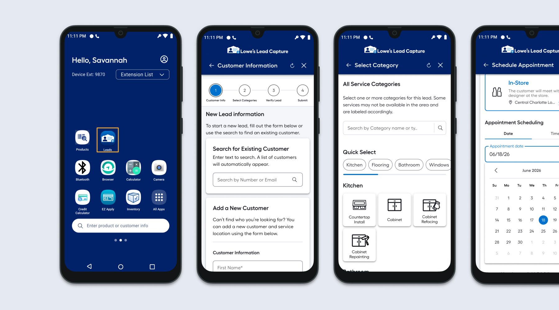Lead capture flow across four screens: home dashboard, new lead entry, category selection, and appointment scheduling